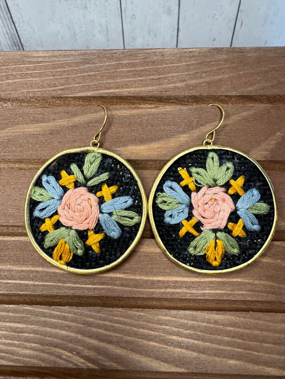 Embroidered Crossstich Floral Earrings Black Colorful Earrings Circle Jewelry
